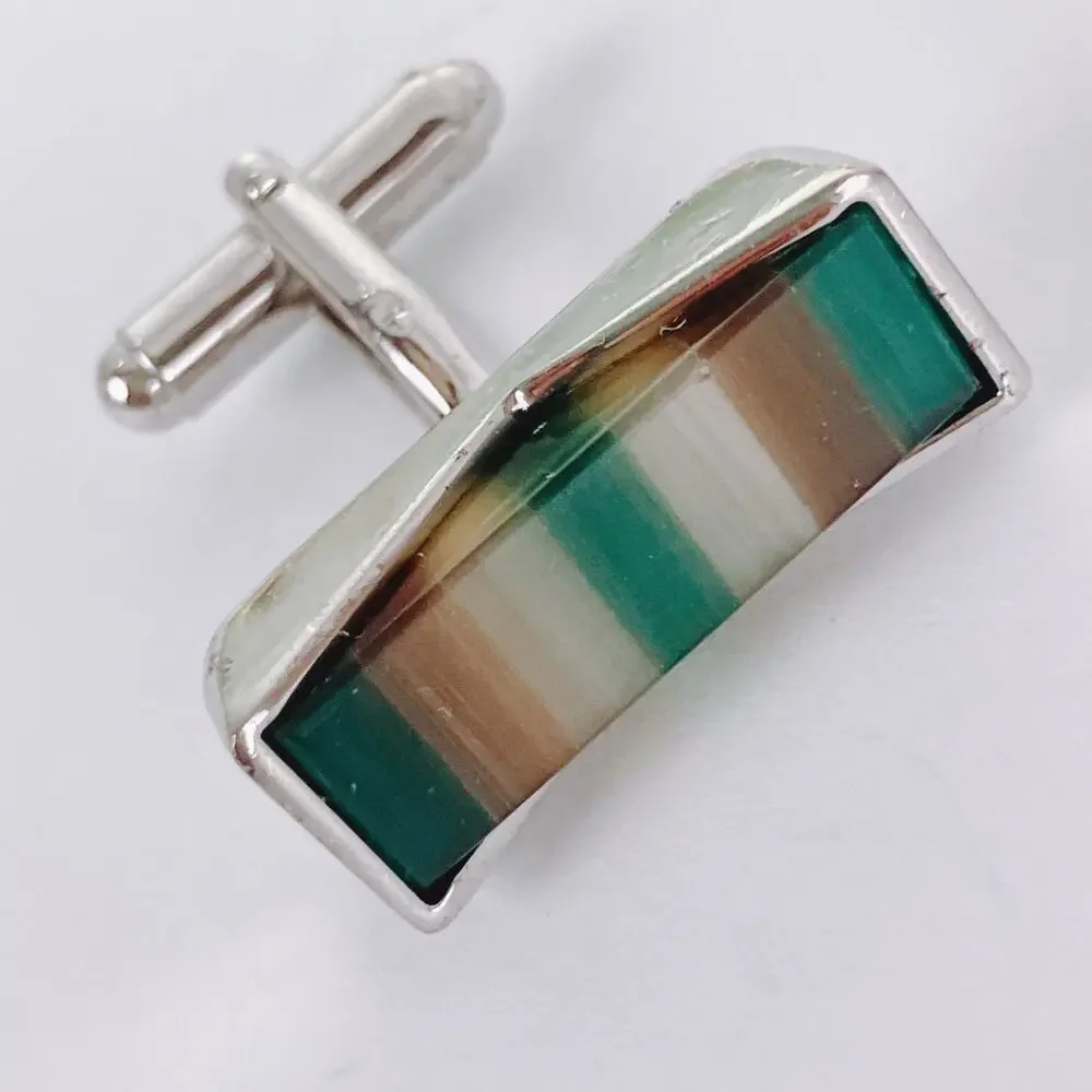 Vintage 1970s Striped Glass Inlay Modernist Geometric Cufflinks Mens Mod Jewelry